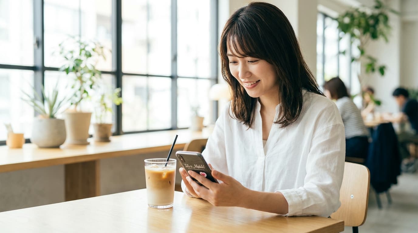 カフェでスマートフォンの通知を見て微笑む女性 — AI相性分析のイメージ
