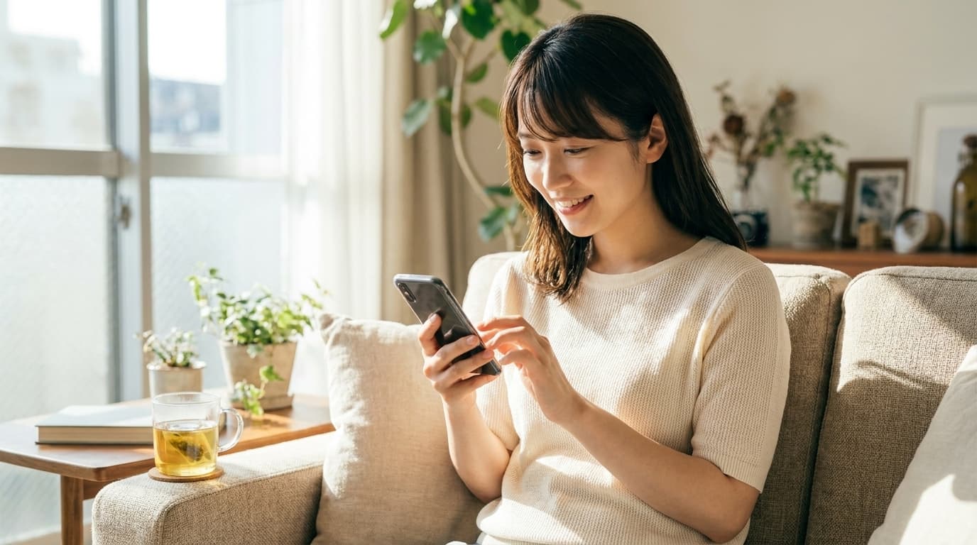 ソファでスマートフォンにメッセージを打つ女性 — AI会話サポートのイメージ