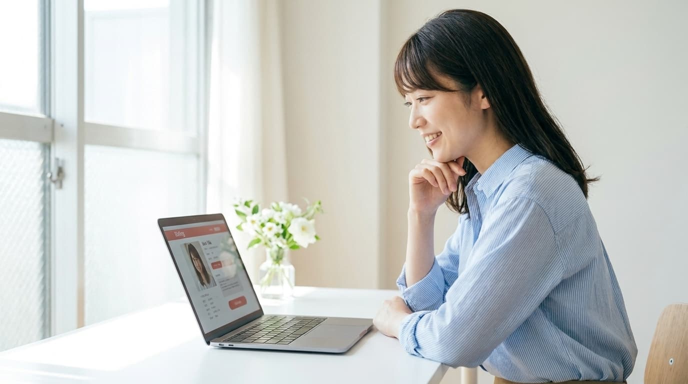 デスクでノートPCを見ながら微笑む女性 — AIプロフィール最適化のイメージ