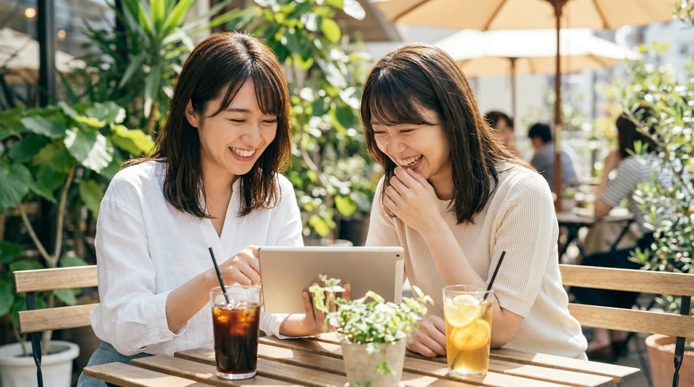 テラス席でタブレットを見ながら笑い合う二人の女性 — コミュニティのイメージ