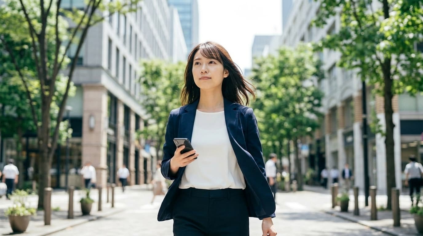 夏の街を自信を持って歩く女性 — AI婚活コーチのイメージ