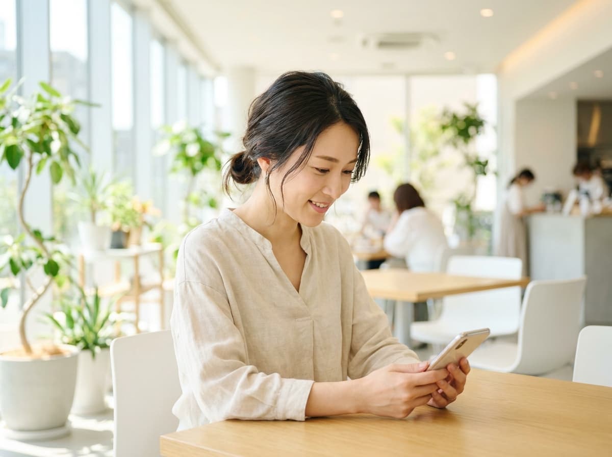 カフェでスマートフォンを見つめる女性 — AIが婚活を支えるイメージ