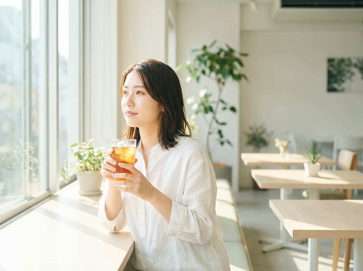 窓辺でコーヒーを手に静かに過ごす女性 — 一人ひとりと向き合う時間のイメージ
