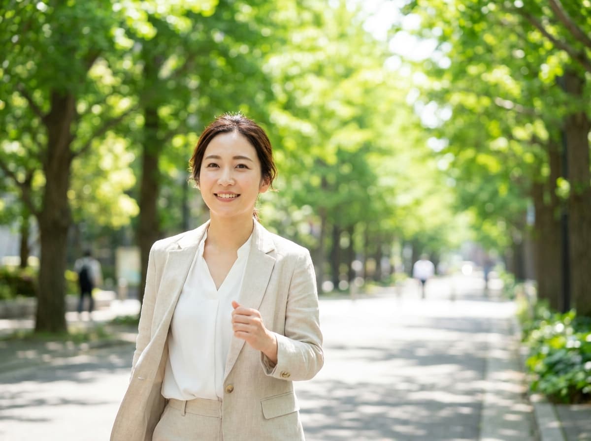 並木道を前向きに歩く女性 — AIが結婚まで導くイメージ
