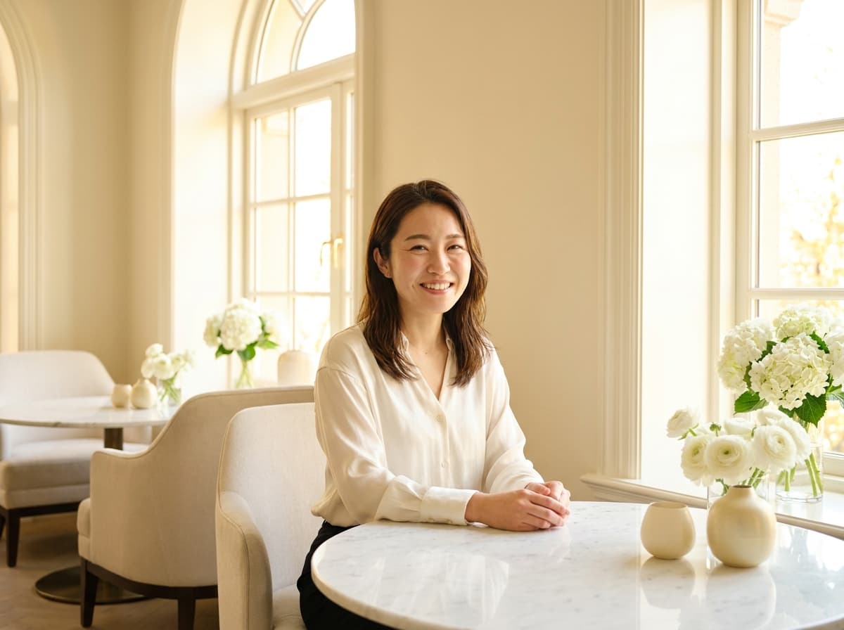 上品なラウンジで微笑む女性 — 安心できる場のイメージ